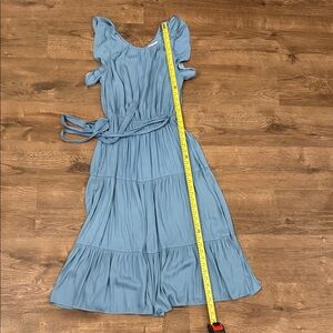 LOFT Blue Midi Dress Satin with Ruffle Sleeves Size Small